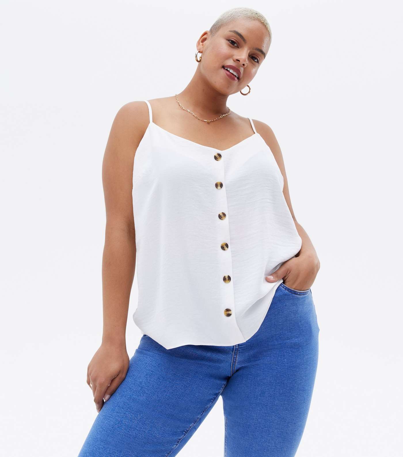 Curves White Button Front Cami
