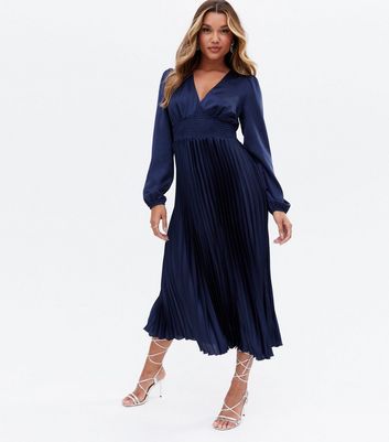 Navy Satin Shirred Pleated Midi Dress