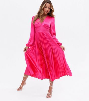 Bright Pink Satin Shirred Pleated Midi Dress | New Look