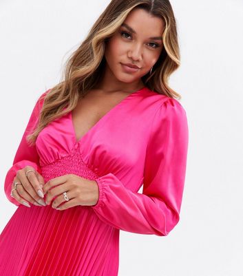 Click to view product details and reviews for Bright Pink Satin Shirred Pleated Midi Dress New Look.