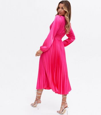 Bright Pink Satin Shirred Pleated Midi Dress | New Look