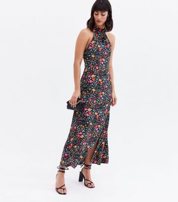Black Floral Halter Neck Midi Dress 