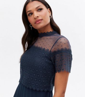 Navy Lace Chiffon Pleated Layered Midi Dress | New Look