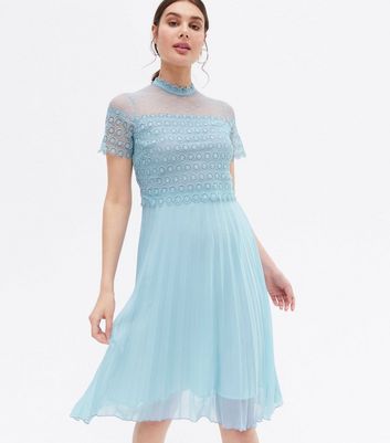 Pale Blue Lace Chiffon Pleated Layered Midi Dress