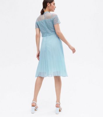 Pale Blue Lace Chiffon Pleated Layered Midi Dress New Look