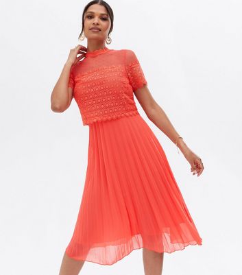 Coral Lace Chiffon Pleated Layered Midi Dress | New Look