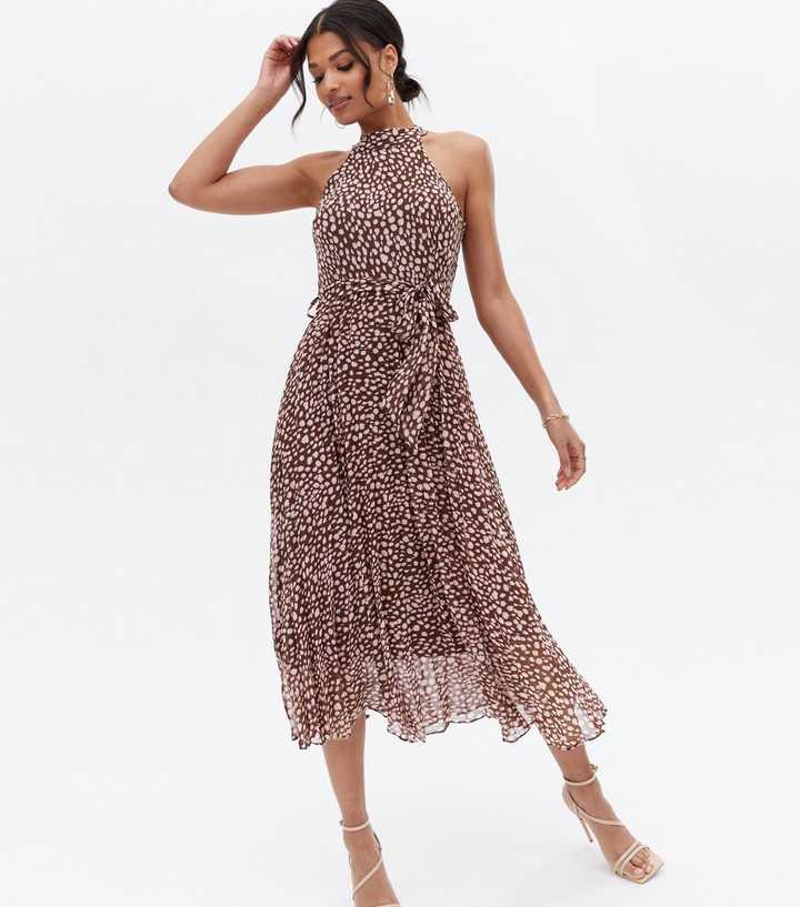 Brown Animal Print Chiffon Belted Halter Neck Midi Dress | New Look