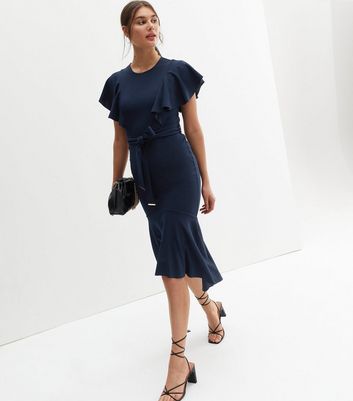 Click to view product details and reviews for Navy Scuba Crepe Ruffle Sleeve Belted Midi Dress New Look.