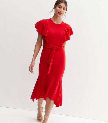 Click to view product details and reviews for Red Scuba Crepe Ruffle Sleeve Belted Midi Dress New Look.