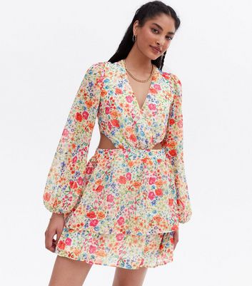 White Floral Cut Out Long Sleeve Mini Dress | New Look