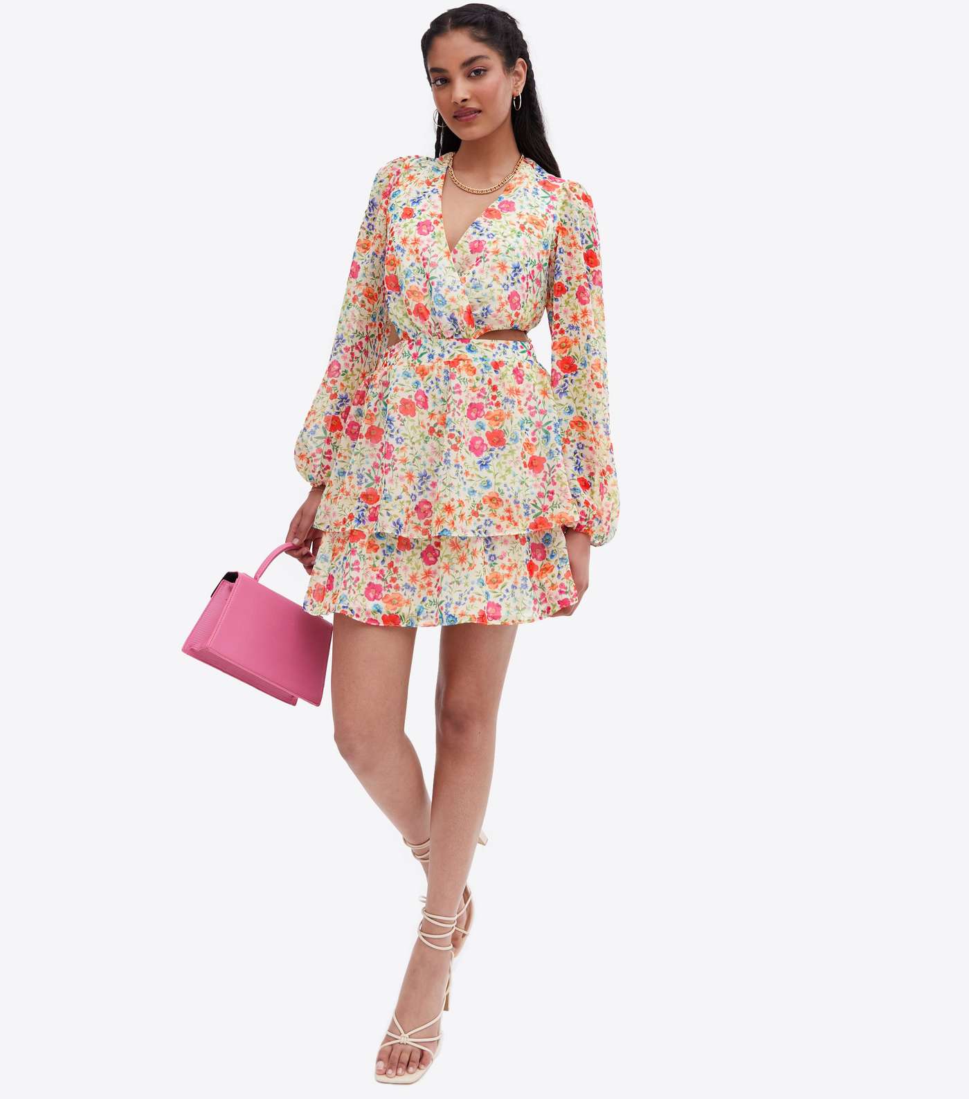 White Floral Cut Out Long Sleeve Mini Dress Image 2