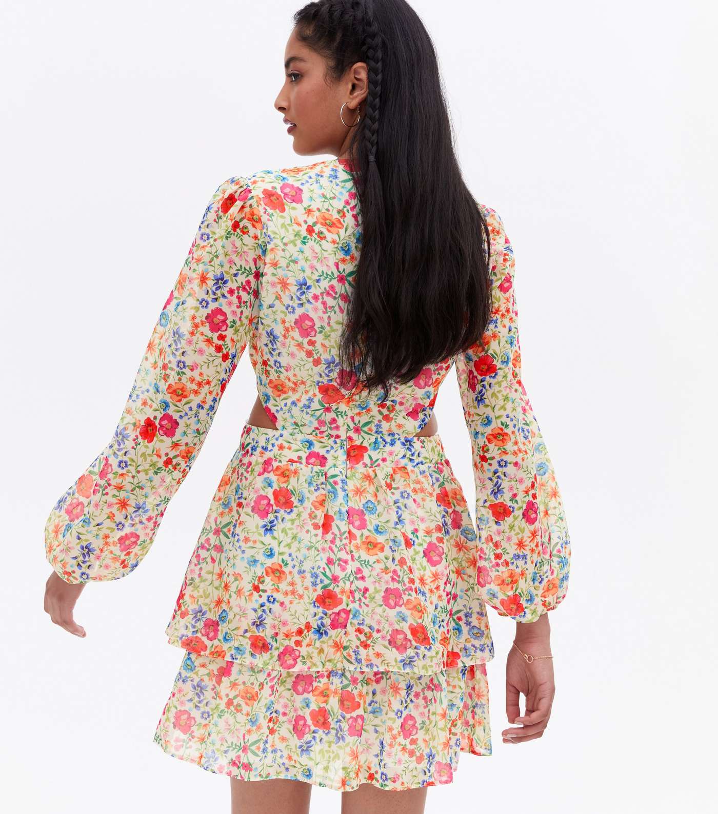 White Floral Cut Out Long Sleeve Mini Dress Image 4
