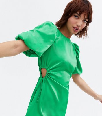 Green Satin Puff Sleeve Cut Out Mini 