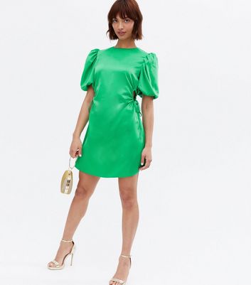 Green Satin Puff Sleeve Cut Out Mini Dress New Look