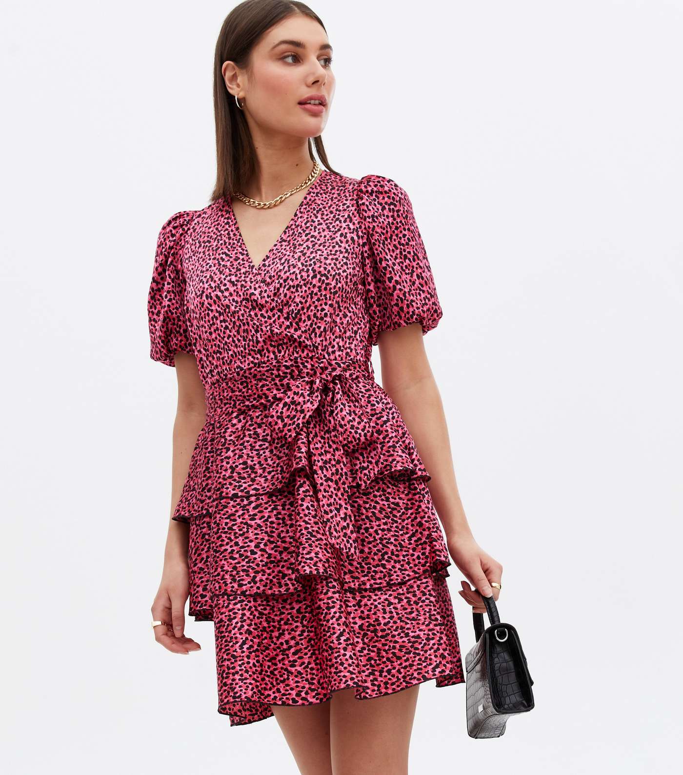 Pink Leopard Print Satin Tiered Mini Wrap Dress