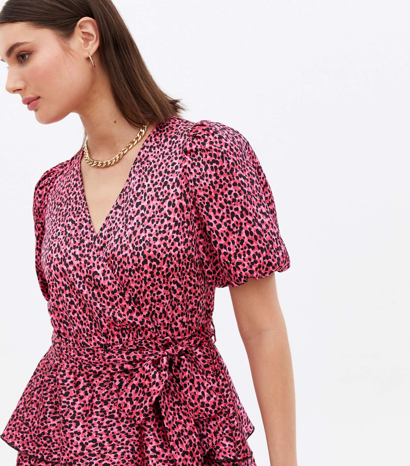Pink Leopard Print Satin Tiered Mini Wrap Dress Image 3