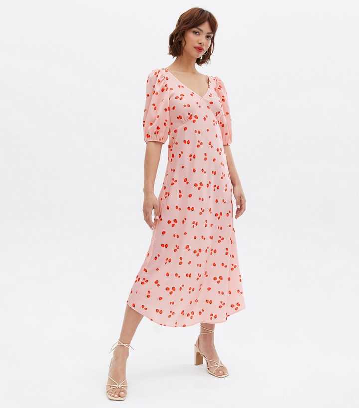 Pink Strawberry Satin Bow Back Midi Dress