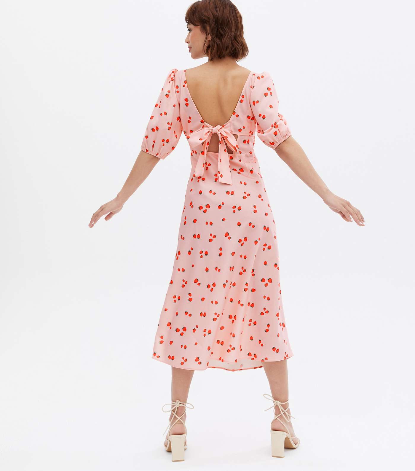 Pink Strawberry Satin Bow Back Midi Dress Image 4