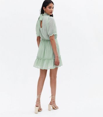 Light Green Flocked Spot Chiffon Mini Dress New Look