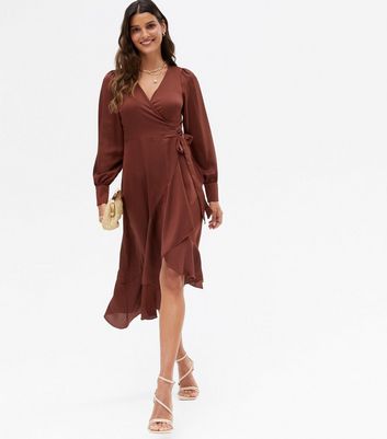 Dark Brown Satin Ruffle Midi Wrap Dress 