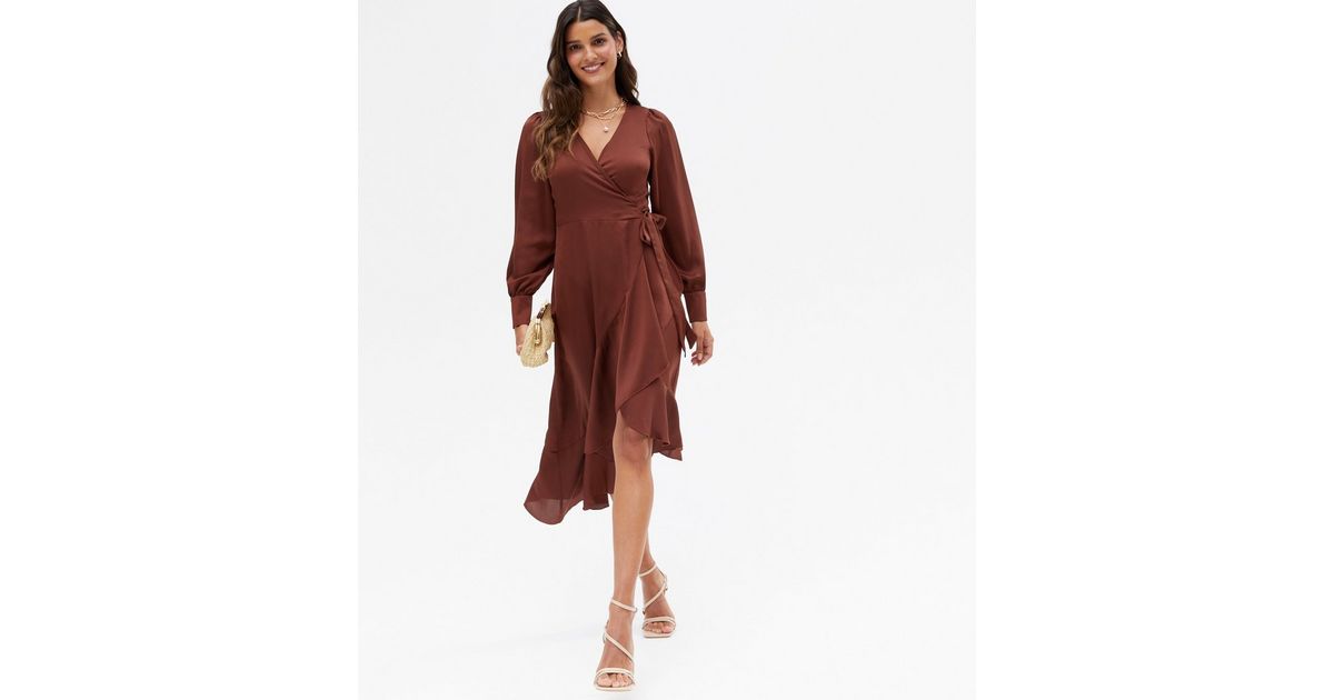 Wrap Satin Dress Brown