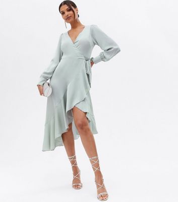 Light Green Satin Ruffle Midi Wrap Dress New Look