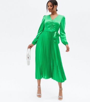 Click to view product details and reviews for Green Satin Ruched Pleated Belted Midi Dress New Look.