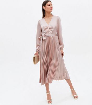 Click to view product details and reviews for Pale Pink Satin Ruched Pleated Belted Midi Dress New Look.