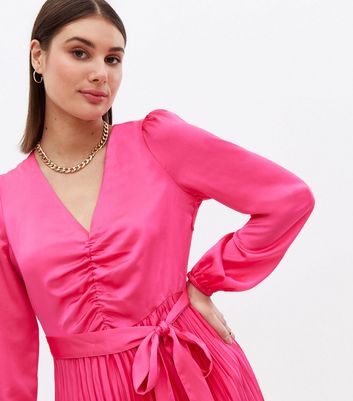 Bright Pink Satin Ruched Pleated Belted Midi Dress New Look