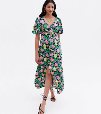 Black Floral Ruched Puff Sleeve Midi 