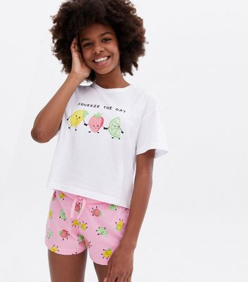 Girls White Short Pyjama Set with Fruit Logo New Look