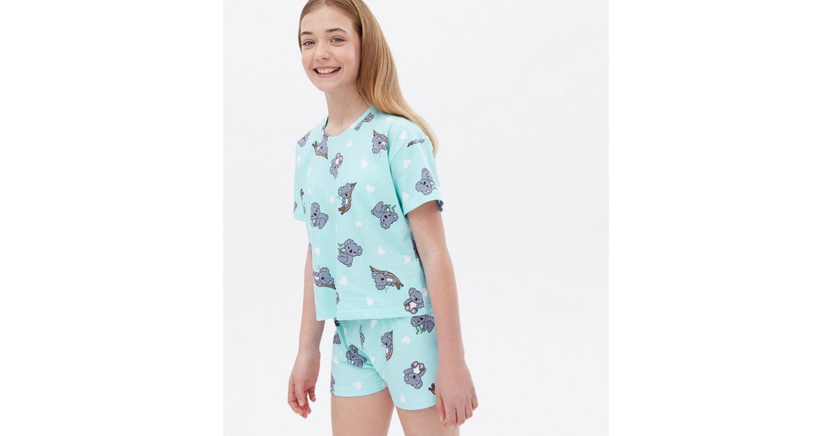Girls Light Green Short Pyjama Set with Koala Heart Print New Look