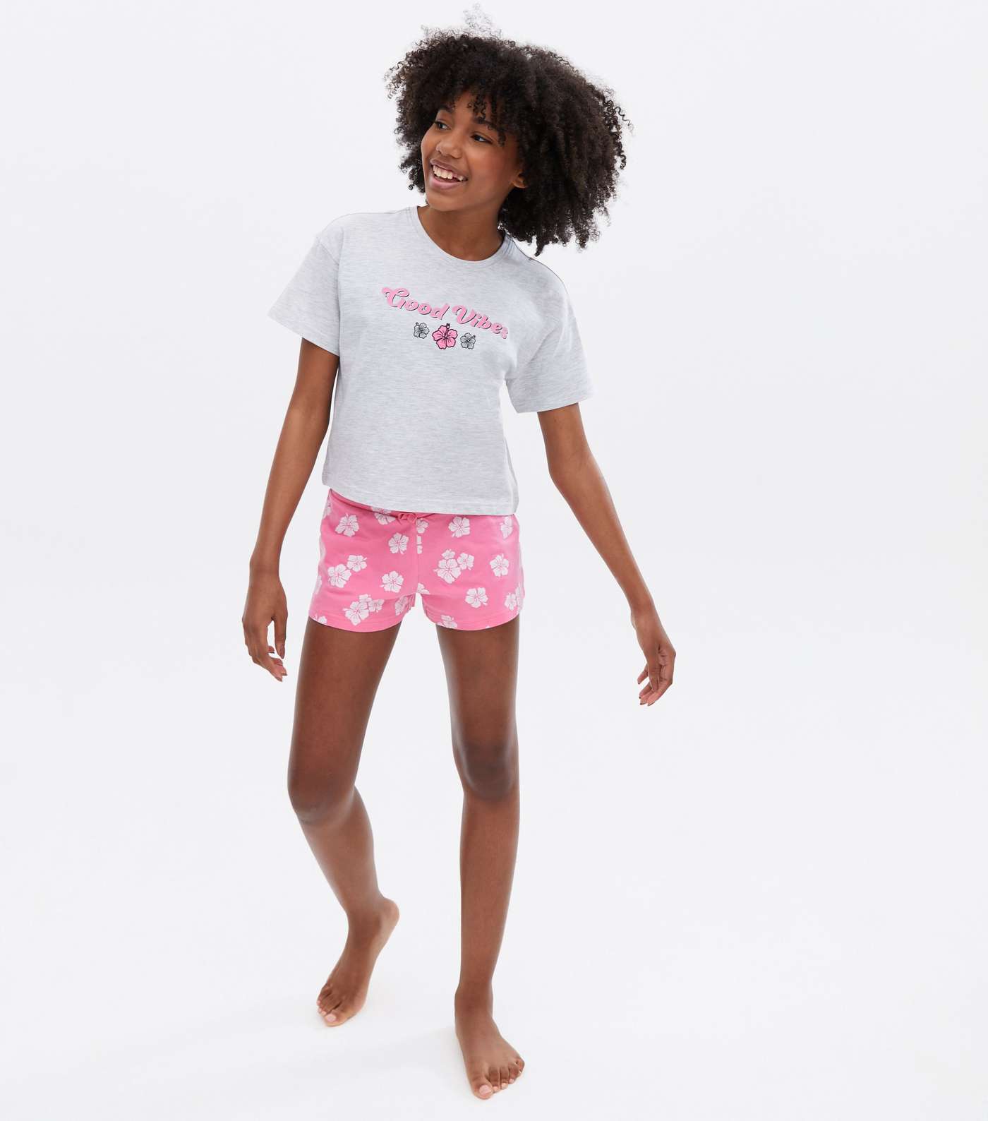 Girls Light Grey Short Pyjama Set with Floral Logo Image 2