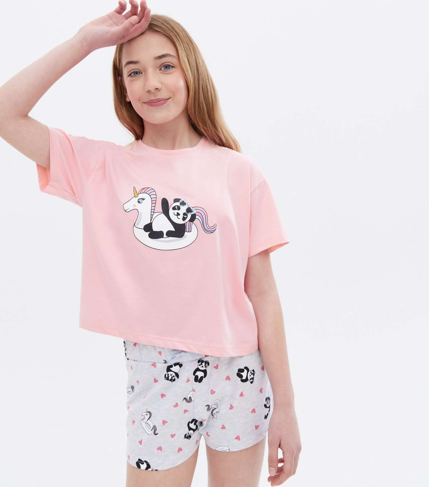 Girls Pink Short Pyjama Set with Panda Print