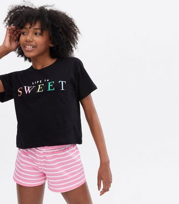 Girls Black Stripe Short Pyjama Set 