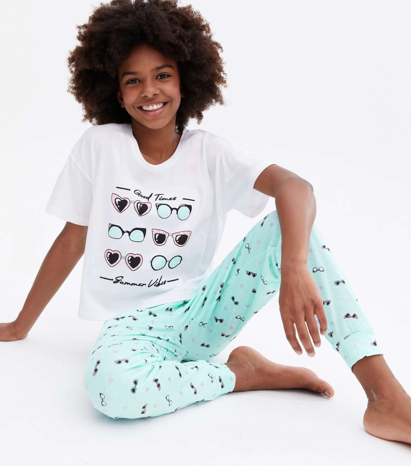 Girls White Jogger Pyjama Set with Sunglasses Logo