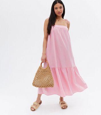 Petite Pink Linen Blend Tie Strap Midi 