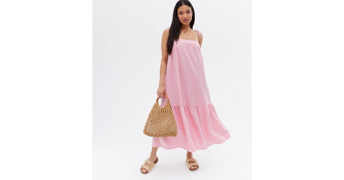 Petite Pink Linen Blend Tie Strap Midi Smock Dress | New Look