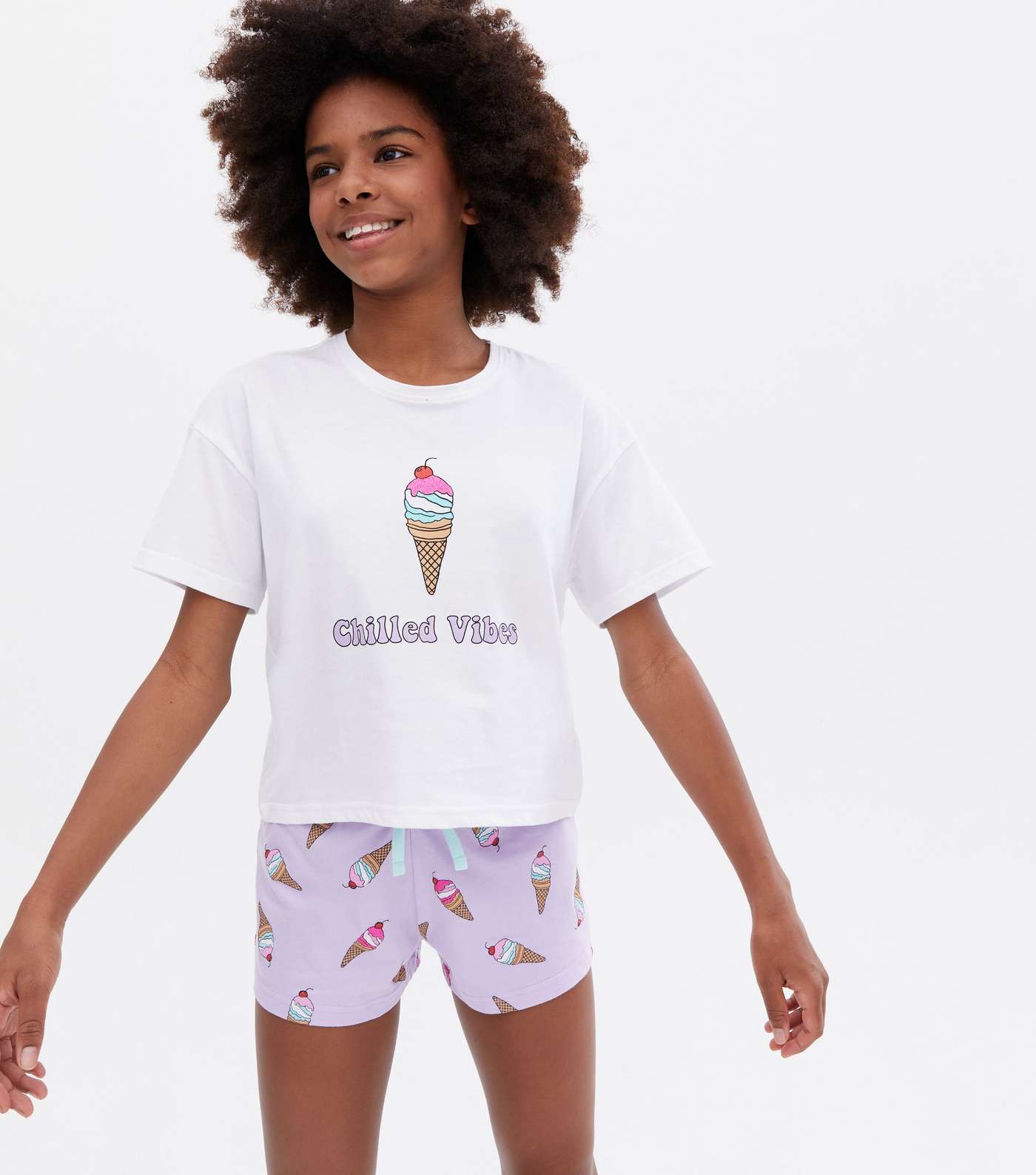 Girls White Short Pyjama Set with Ice Cream Print