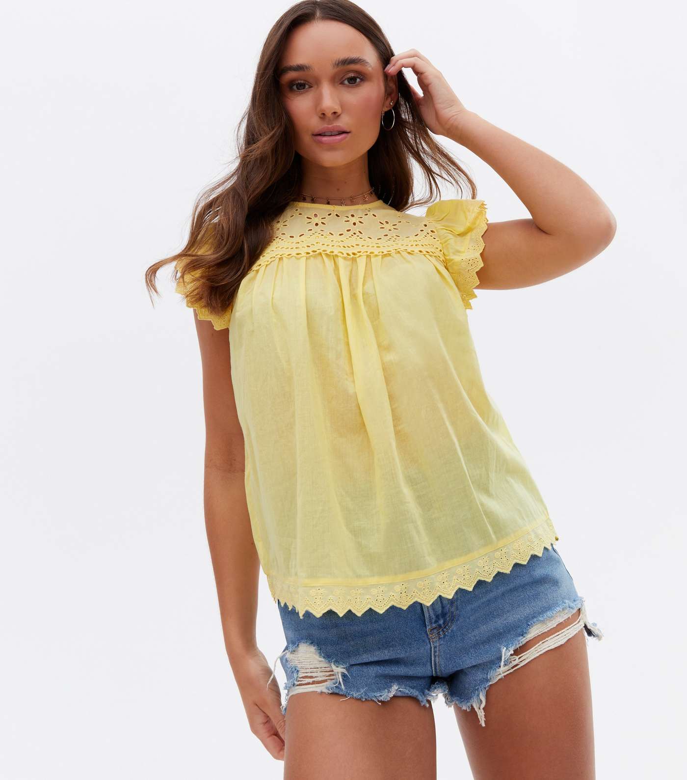 Pale Yellow Broderie Frill Blouse