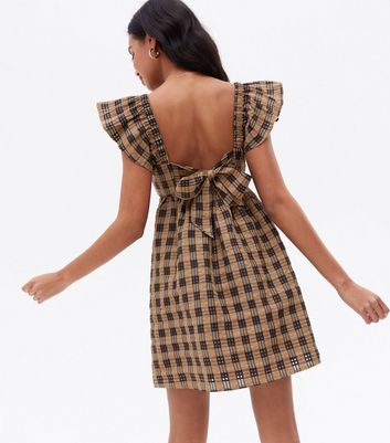 Brown Check Seersucker Frill Shoulder Mini Dress New Look