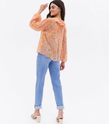 Orange Floral Chiffon Frill Blouse New Look