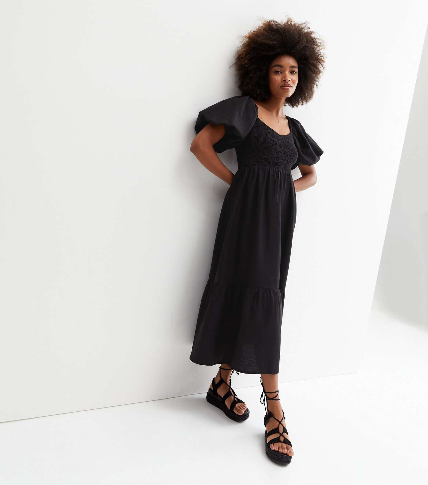 Black Linen-Look V Neck Puff Sleeve Midi Dress