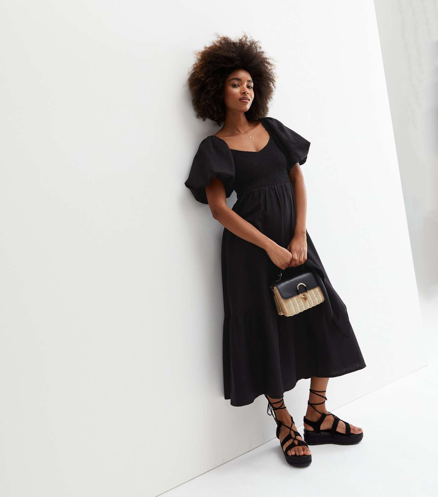 Black Linen-Look V Neck Puff Sleeve Midi Dress Image 3