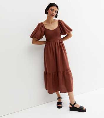 Dark Brown Linen-Look V Neck Puff Sleeve Midi Dress