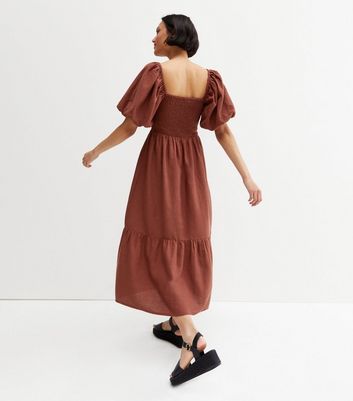Damen Bekleidung Dark Brown Linen-Look V Neck Puff Sleeve Midi Dress