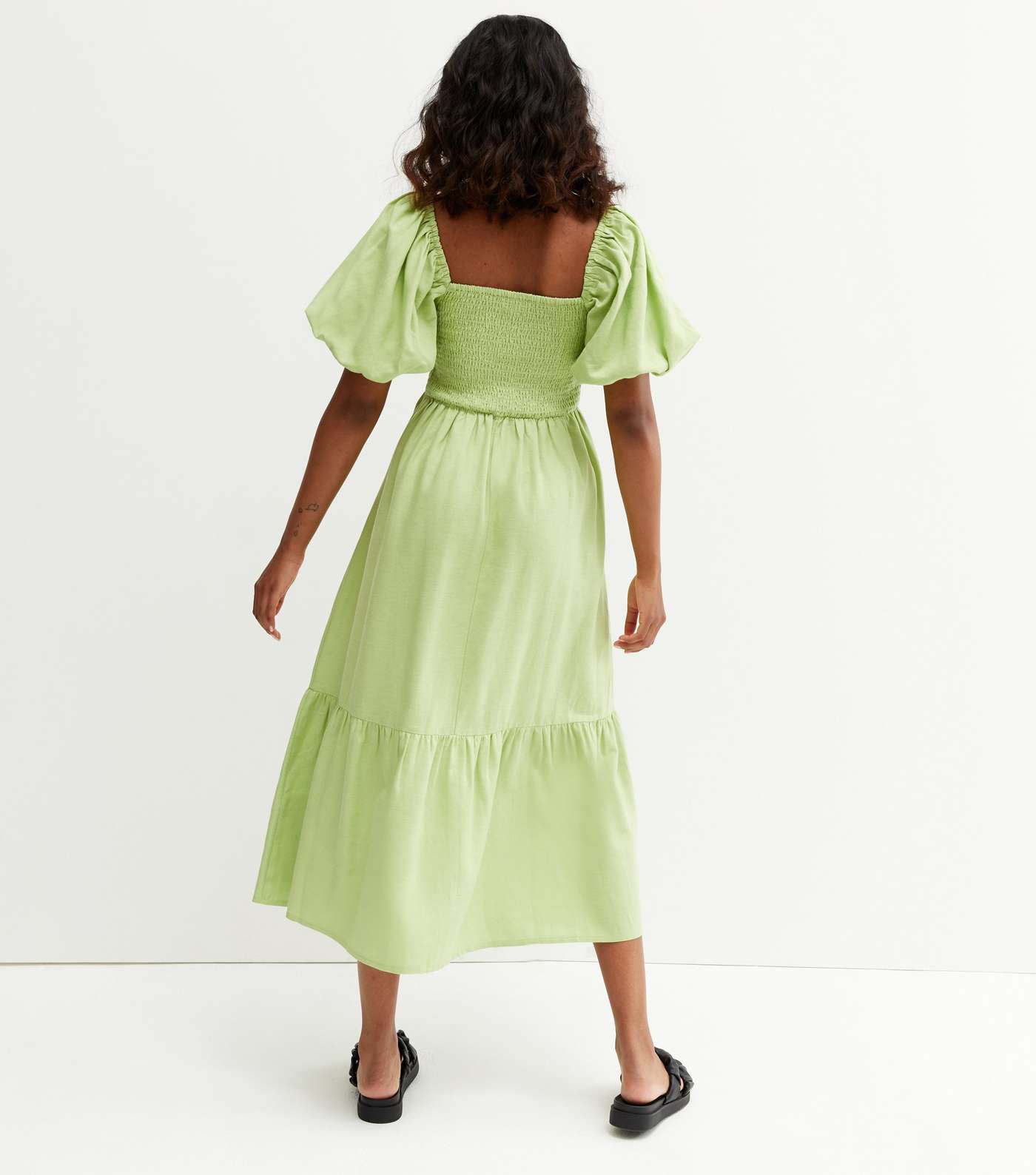 Light Green Linen-Look V Neck Puff Sleeve Midi Dress Image 4