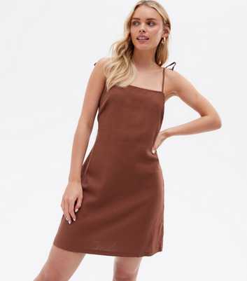 Petite Brown Linen Blend Tie Strap Mini Dress