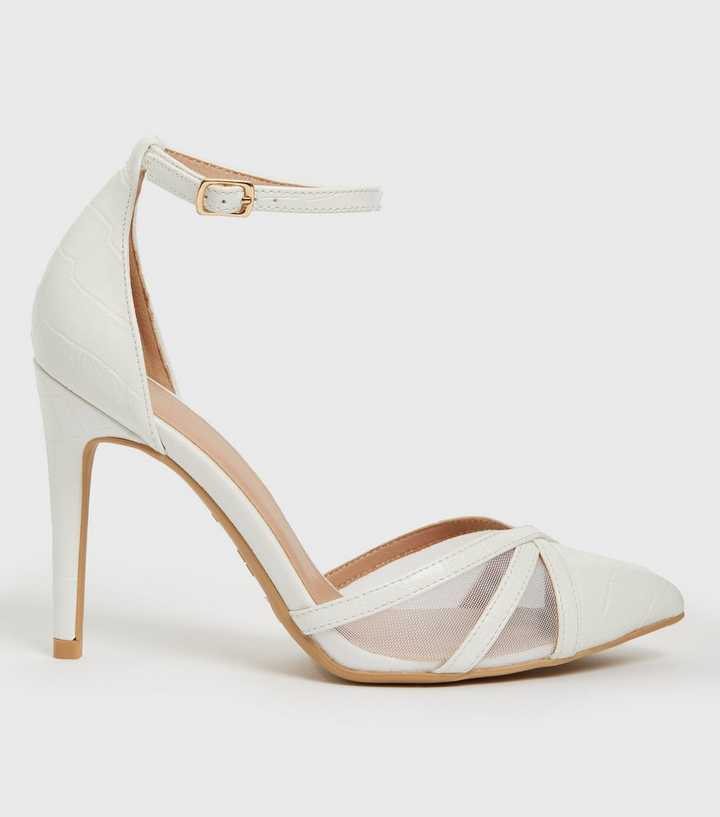 White Faux Croc Mesh 2 Part Stiletto Heel Sandals