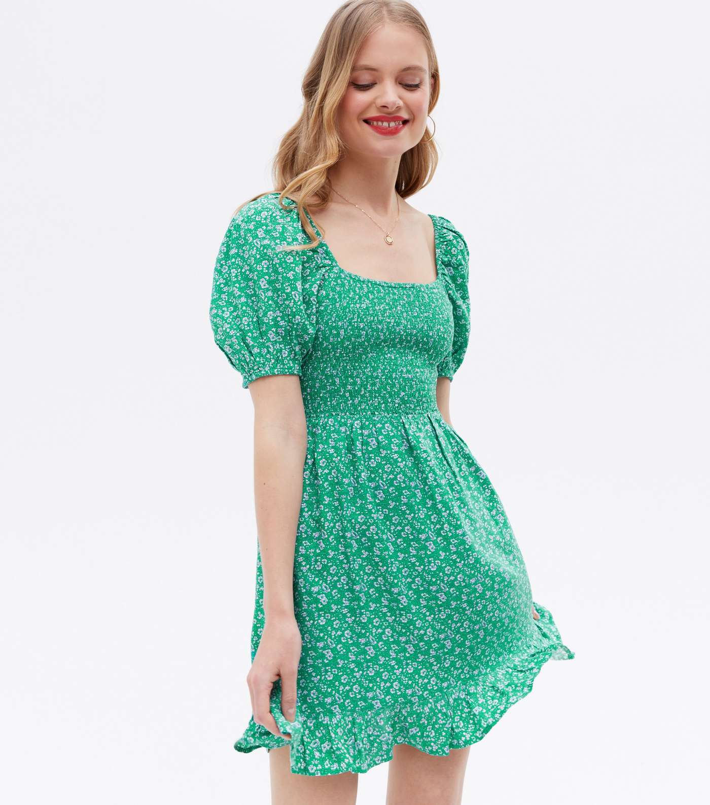 Green Floral Shirred Frill Mini Dress Image 2
